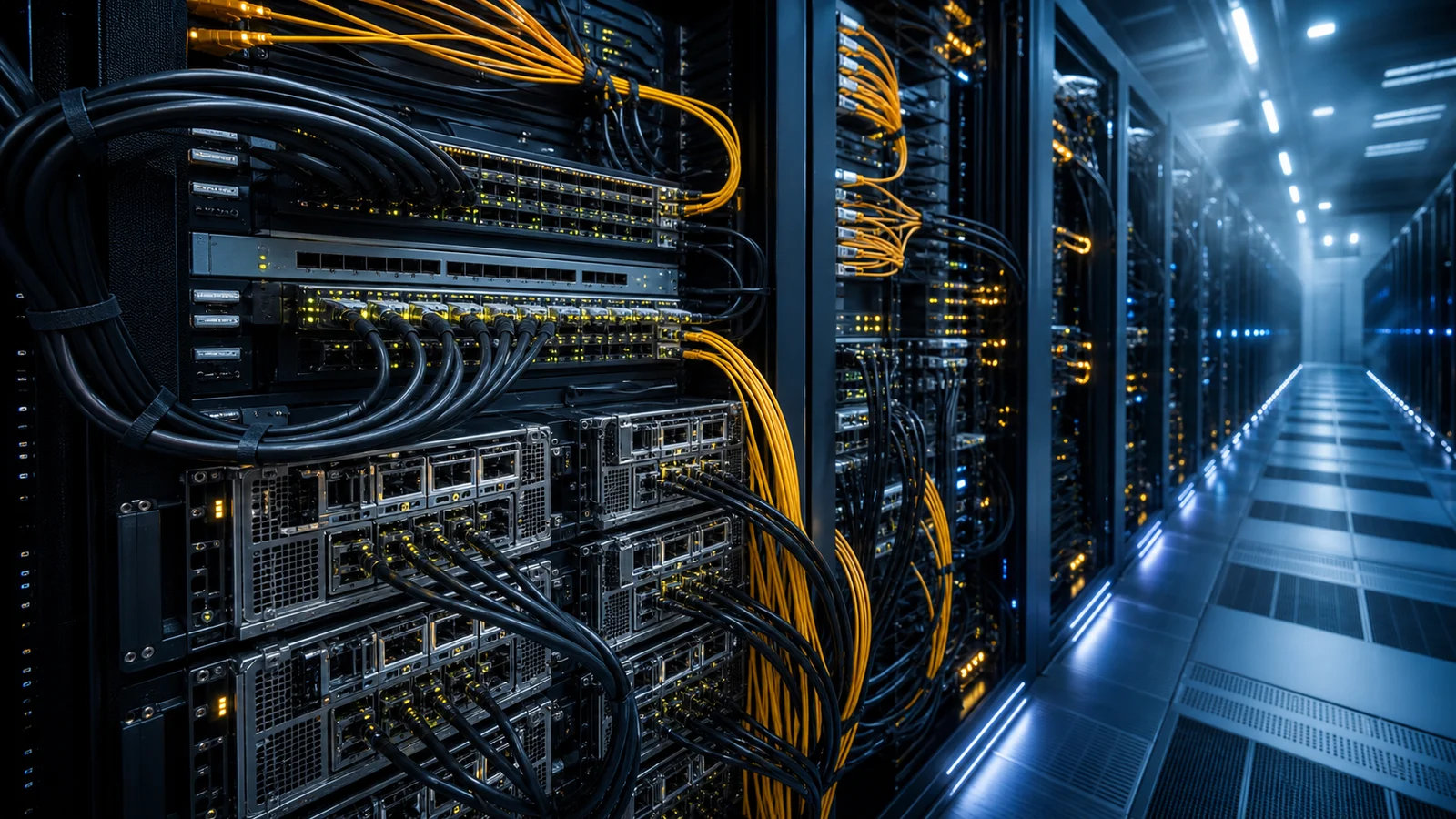 Datacentre aisle in blue light, with switch racks and ordered bundles of yellow optical cables and black copper cables