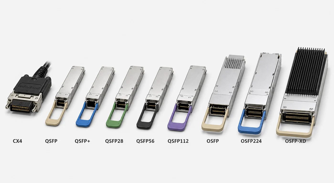 Nine connectors side by side, from CX4 to OSFP-XD, in increasing order of size and per-port rate