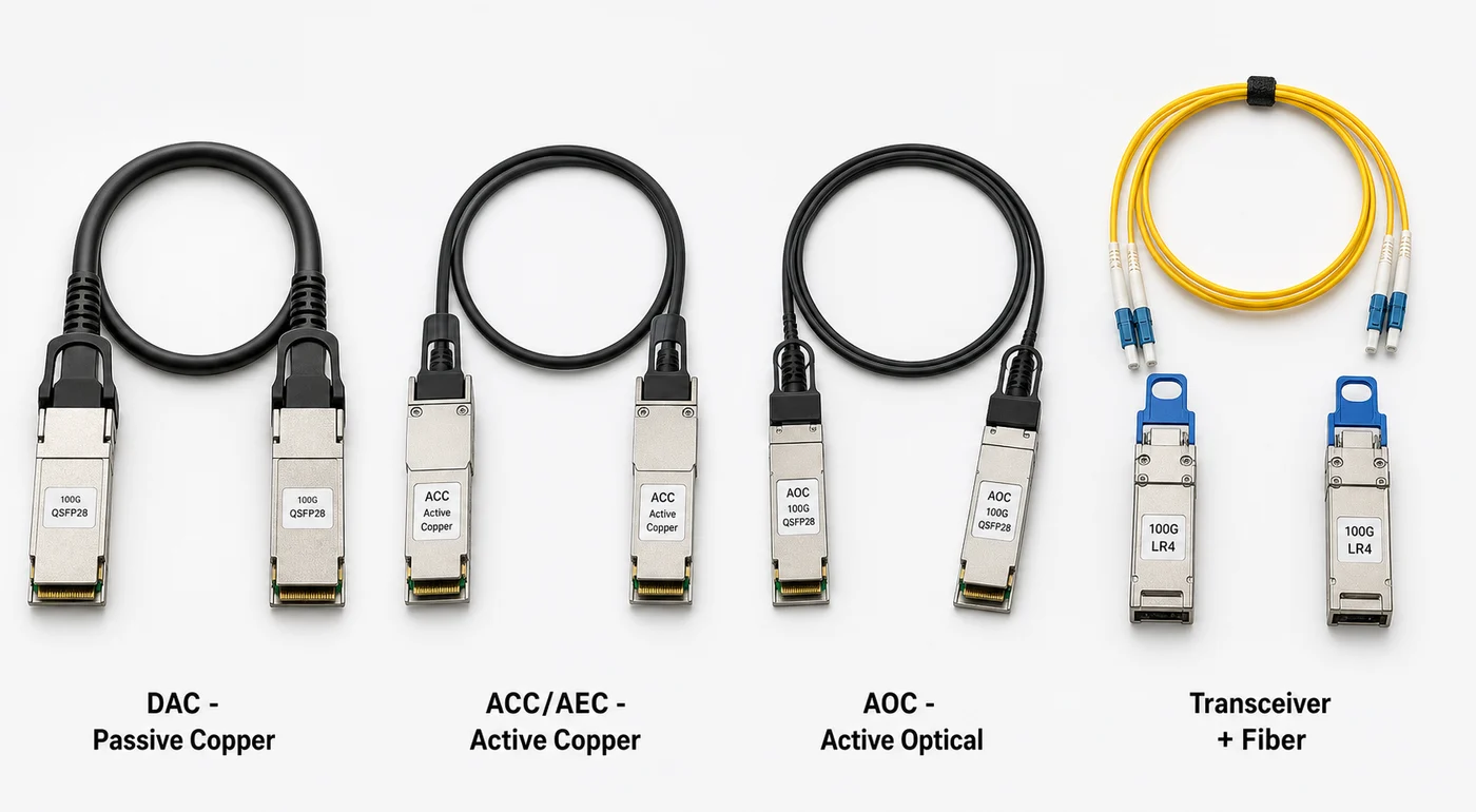 Four interconnect media side by side: passive copper, active copper, active optical and transceiver with fibre