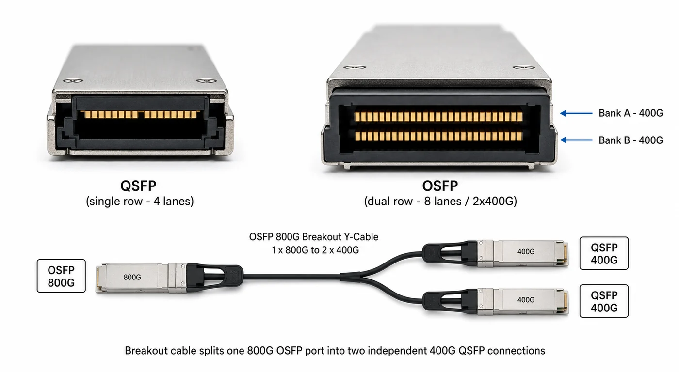 Front comparison between a single-row QSFP with four lanes and a dual-row OSFP with eight lanes, and below a breakout cable splitting 800G into two 400G links