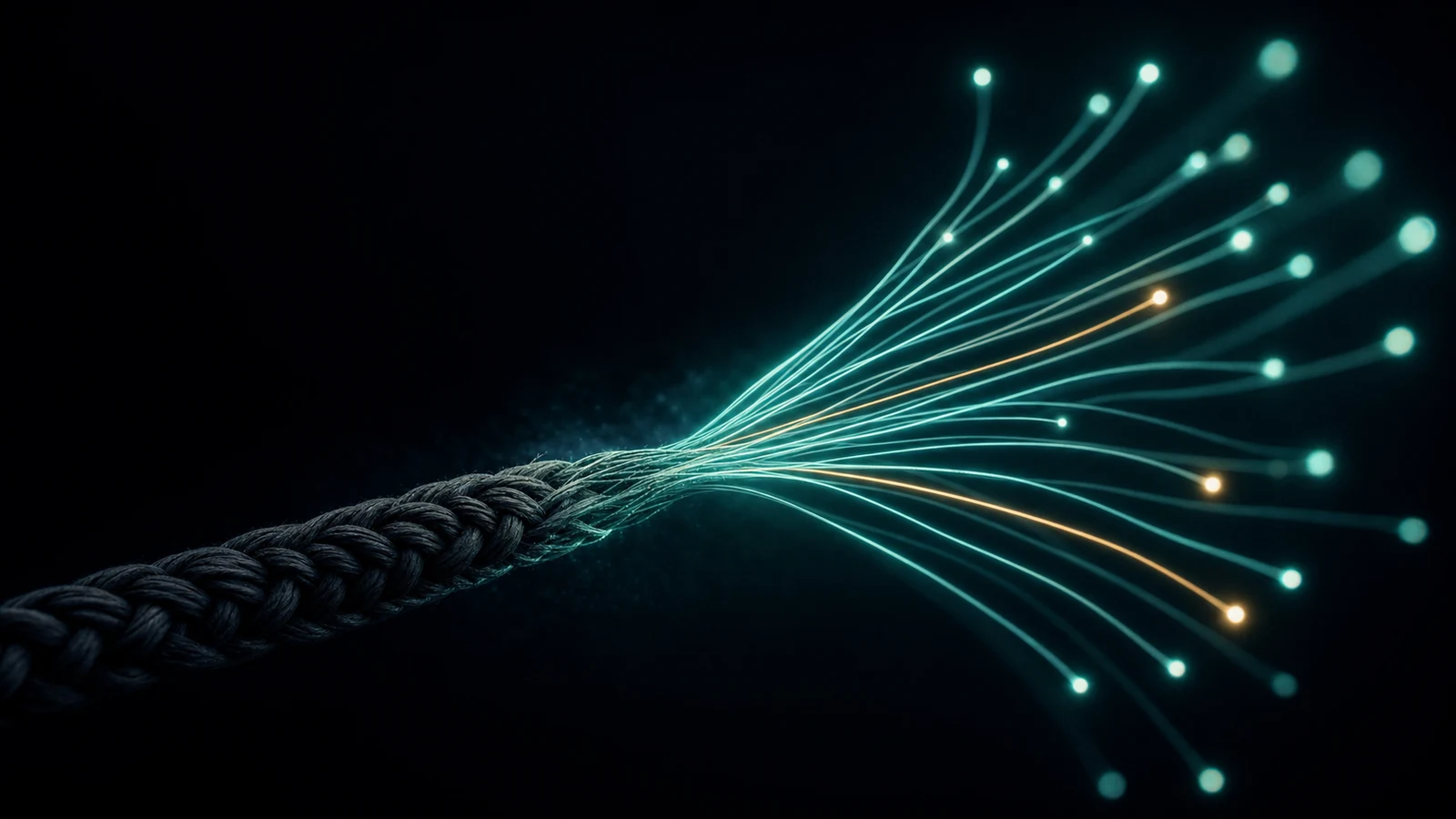 Dark braided cord unravelling into dozens of luminous filaments, most of them teal and a few amber, each ending in a point of light against a black background