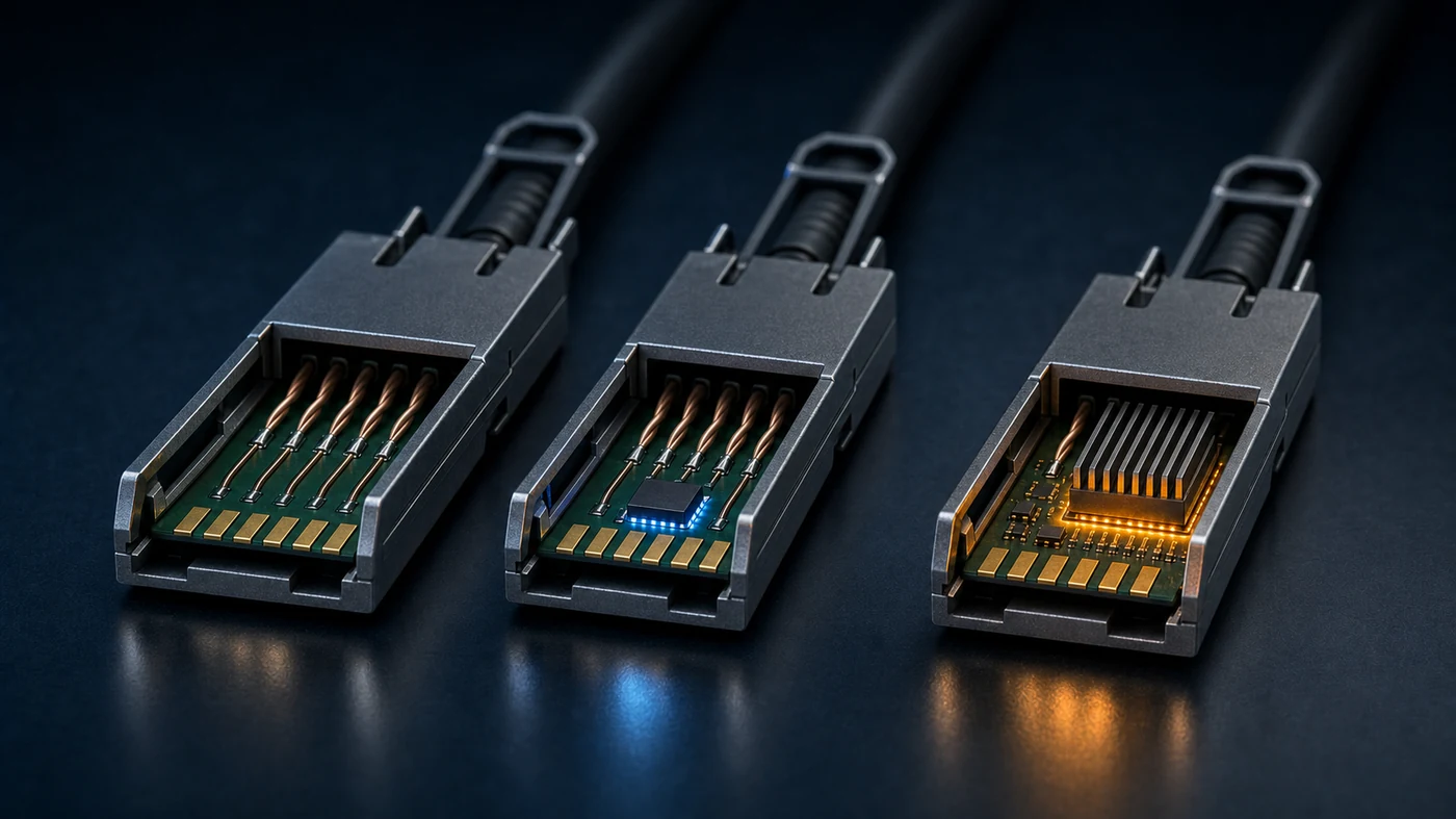 Three twinax cables with OSFP connector and pull tab, side by side with the shell opened: the first with only copper pairs over a bare board, the second with a small chip glowing blue, the third with a larger chip under a finned heat sink glowing amber