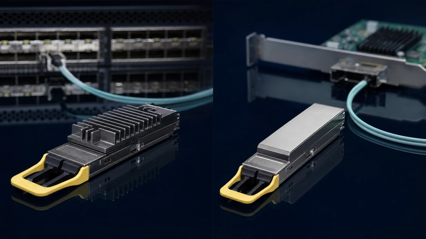 Two optical modules identical in shape and pull tab: on the left, a finned heat sink, in front of a switch; on the right, a flat top, in front of a network adapter card
