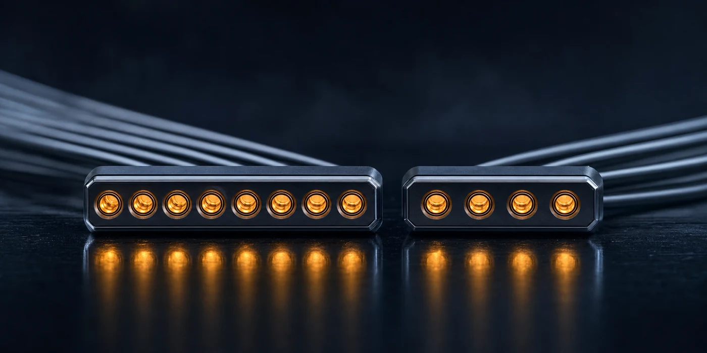 Two connectors on a dark polished surface: the left one with eight bores lit in amber, the right one with four, each with its beams emerging behind it
