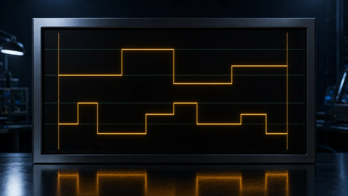 Oscilloscope screen with two stepped traces over four reference lines: the upper one with four wide steps, the lower one with eight narrow steps, both using the same four heights