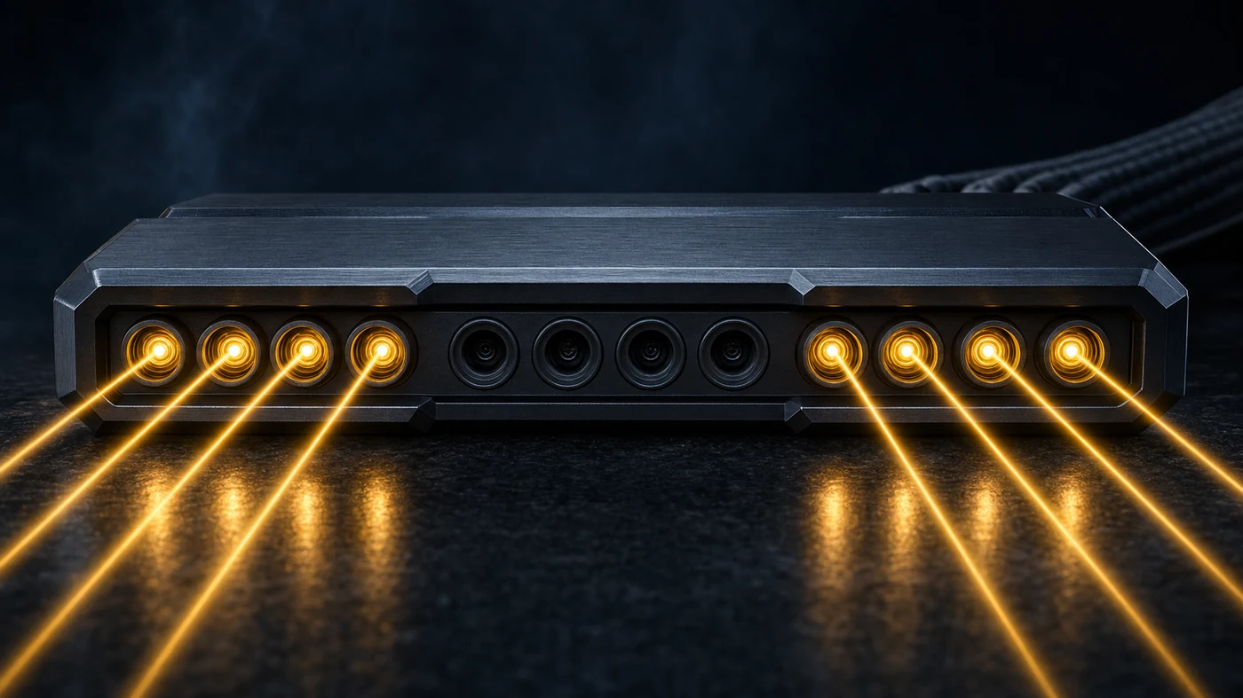 Face of an optical ferrule with twelve positions in a single row: four bores lit in amber on the left, four dark and empty in the centre, four lit on the right, with eight fibres emerging