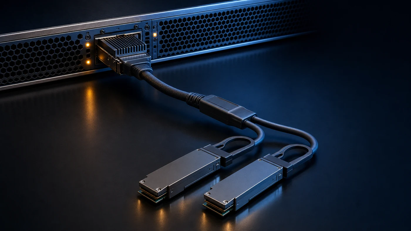 Splitter cable connected to a switch: a single finned-top module seated in the panel cage, and at the other end the cable opens into two flat-top modules, each with its gold contacts exposed