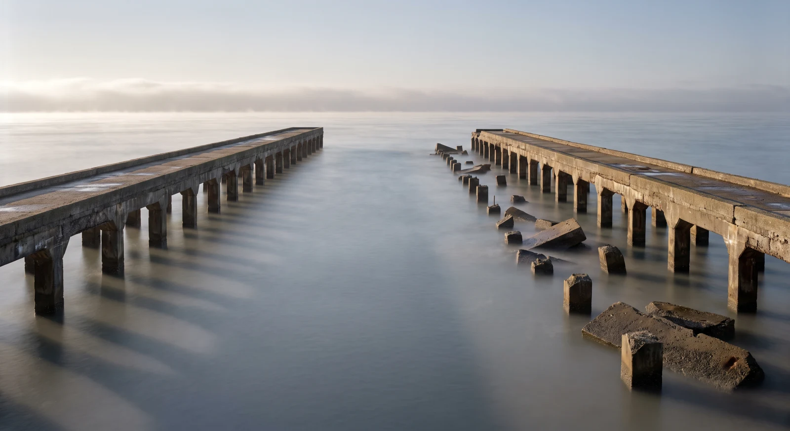 Two identical concrete piers reaching out over a calm sea at dawn: the one on the left unbroken to the horizon, the one on the right severed at its midpoint, with blocks and pier stumps breaking the surface along the line where the structure used to continue
