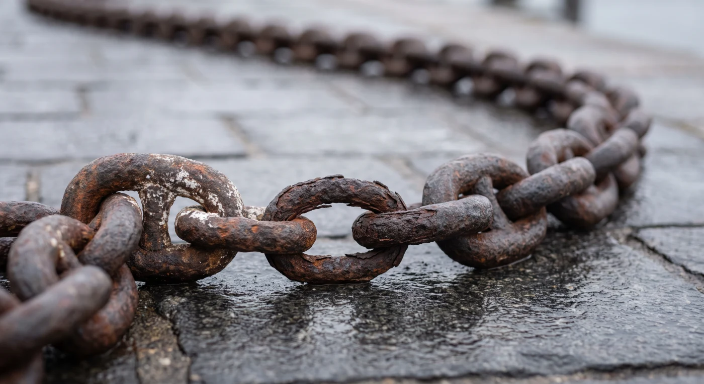 An enormous rusted anchor chain laid in a curve across wet quayside stone, with one link in the foreground visibly thinner and more corroded than its neighbours
