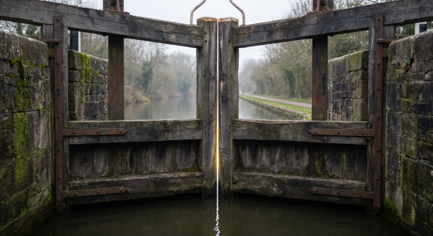 The closed wooden gates of a canal lock seen head-on from water level, with a seam of light between the two leaves and, beyond them, the canal continuing navigable between the towpath and the trees
