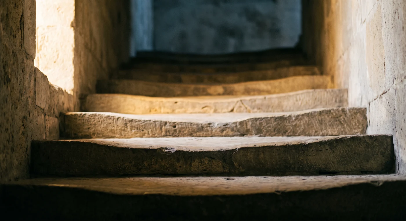 An ancient stone staircase seen from below, each tread hollowed at its centre by centuries of footsteps into a smooth concave curve, the outer edges still crisp and square
