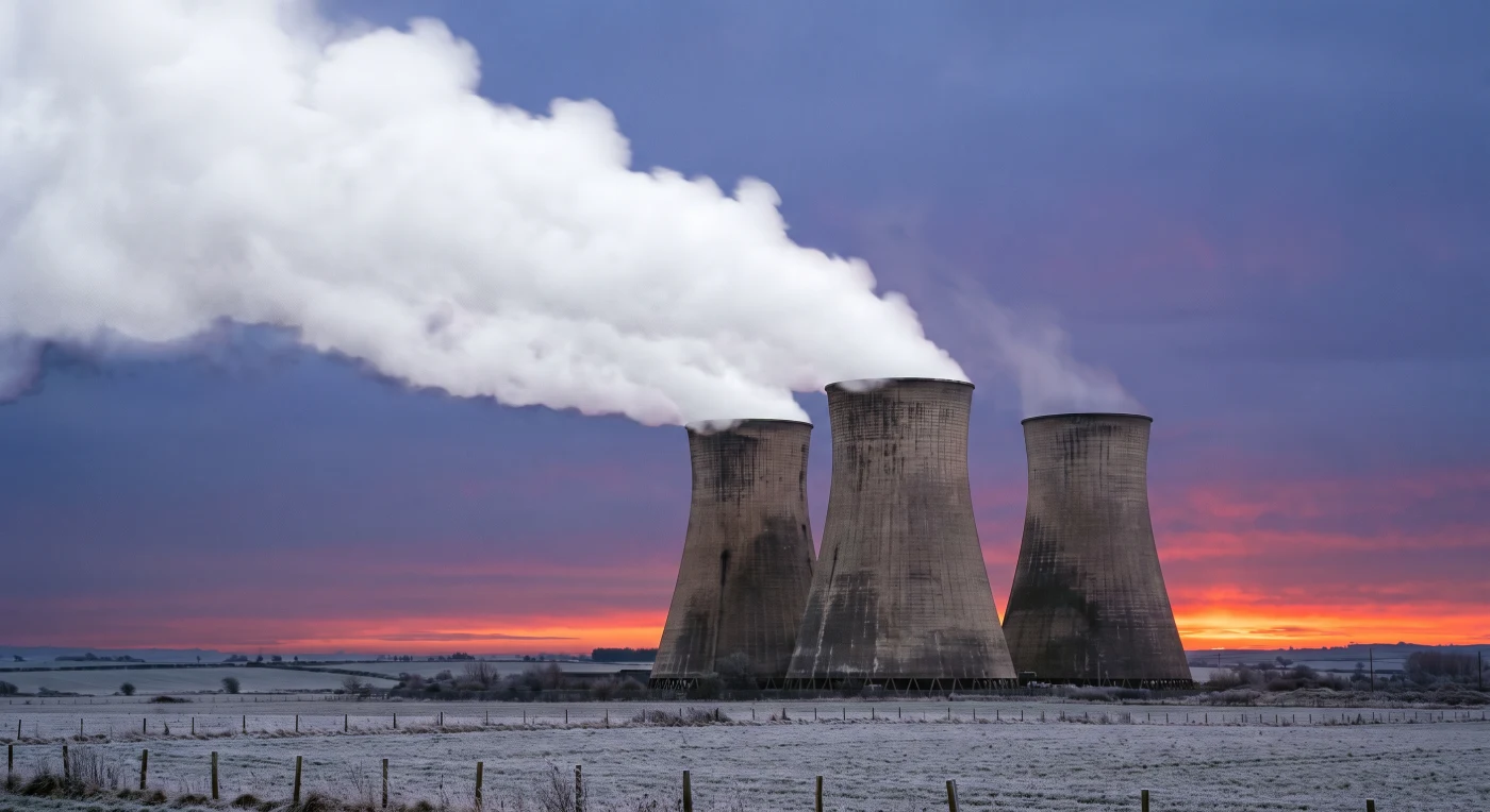 Three identical hyperbolic cooling towers at dawn over a frosted field: the two on the left releasing a dense tall plume of vapour crossing the sky, the one on the right giving off only a thin wisp that dissipates near the rim