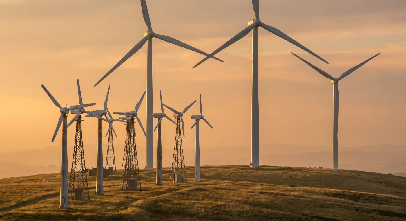 A hilltop ridge at sunset with seven small older lattice-tower wind turbines in the foreground and, behind them on the same ridge, three modern tubular-tower turbines several times taller with far longer blades
