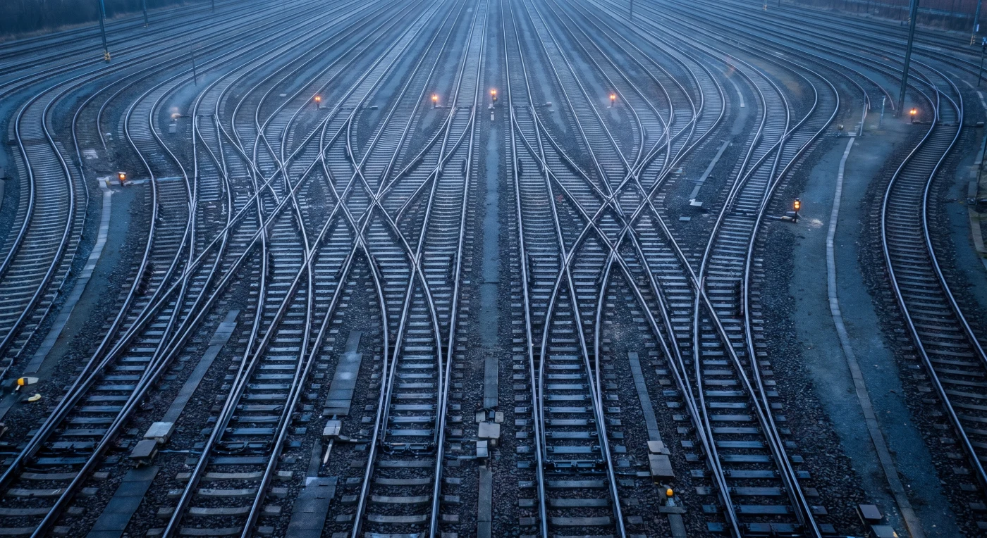 An aerial view of a railway yard at blue hour, dozens of parallel tracks filling the frame with a dense fan of switch points crossing between them, amber signals punctuating the network