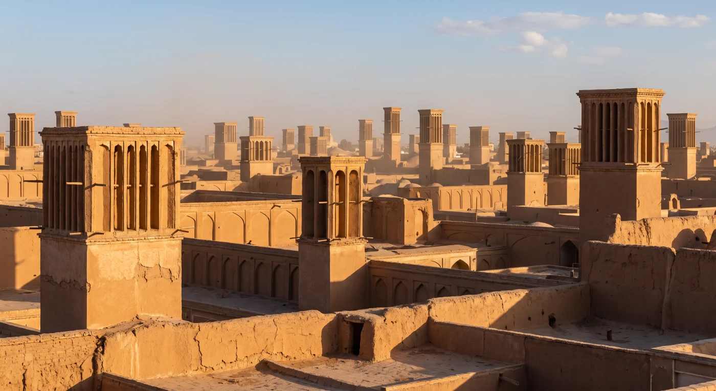 The rooftops of an ancient desert city at dusk, dense with windcatcher towers rising above the adobe roofs, each with vertical openings facing the prevailing wind