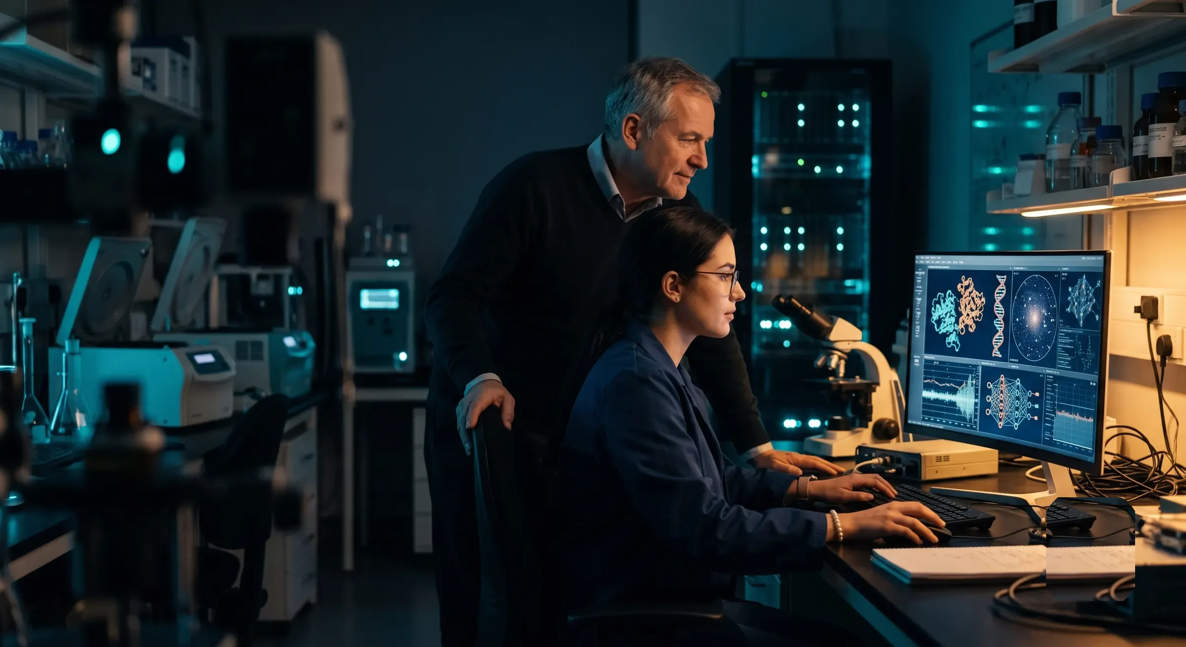 Cientista e mentor diante de dados de proteínas e do cosmos